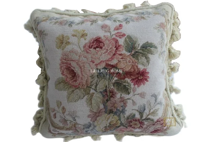 

FREE SHIPPING 15K 16"X16" Needlepoint pillow, handknotted woolen cushion with floral designs no insertion