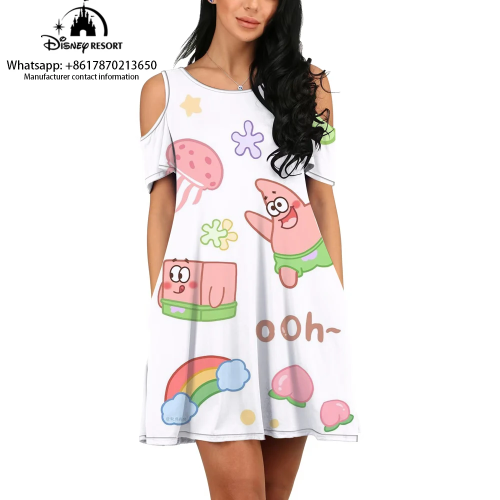 3D Cartoon SpongeBob short-sleeved off-shoulder dress, fashionable, casual and comfortable dress, loose skirt suitable for summe