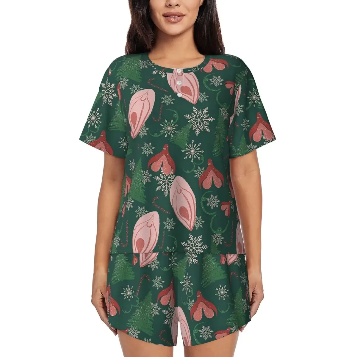 

Christmas Vulva Pattern Green Round Neck Short Sleeve Nightgowns for Sleeping Sleepshirts Women Soft Pajama Set Short Pants