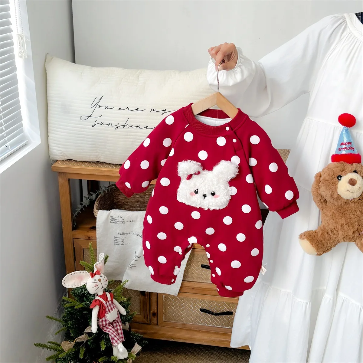 

Newborn Girls Overalls 2025 Winter Polka Dot Rabbit Toddler Kid Girls Rompers Korean Thick Warm Infant Baby Girls Bodysuits