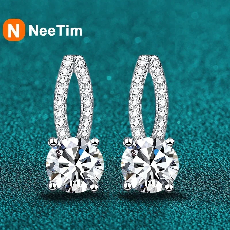 

NeeTim 1ct D Color Moissanite Drop Earrings 925 Silver Women Luxury Bridal Wedding Engagement Earing Fine Jewelry