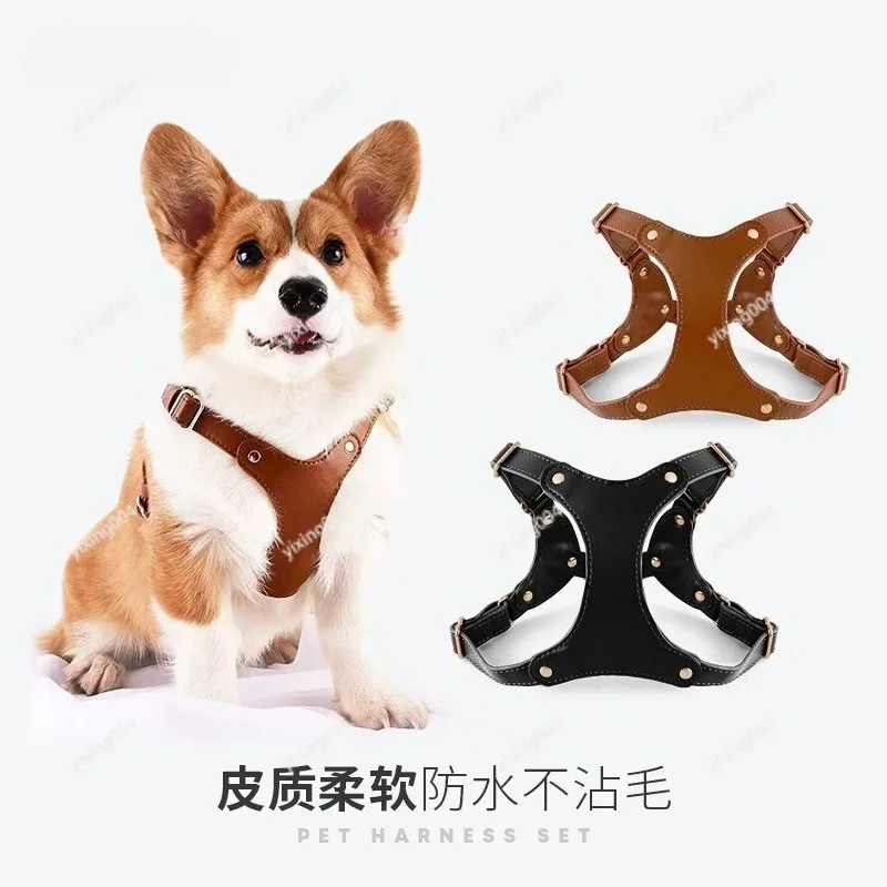 Soft Leather Dog Harness Leash Set, Adjustable Walking Lead for Corgi Medium Small Dogs