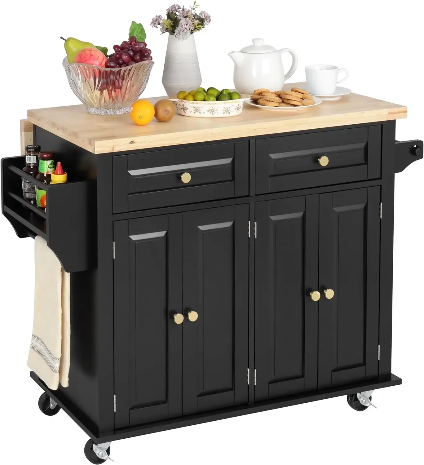 Rolling Kitchen Island with Drop Leaf, Thicken Rubberwood Top, Spice Rack, Towel Rack, Drawer, 43.3