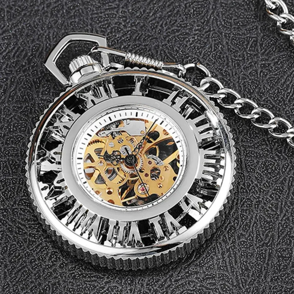 Vintage Roman Numerals Hollow Skeleton  Mechanical Pocket Watch steampunk Style reloj de bolsillo Fob watch кармание часи