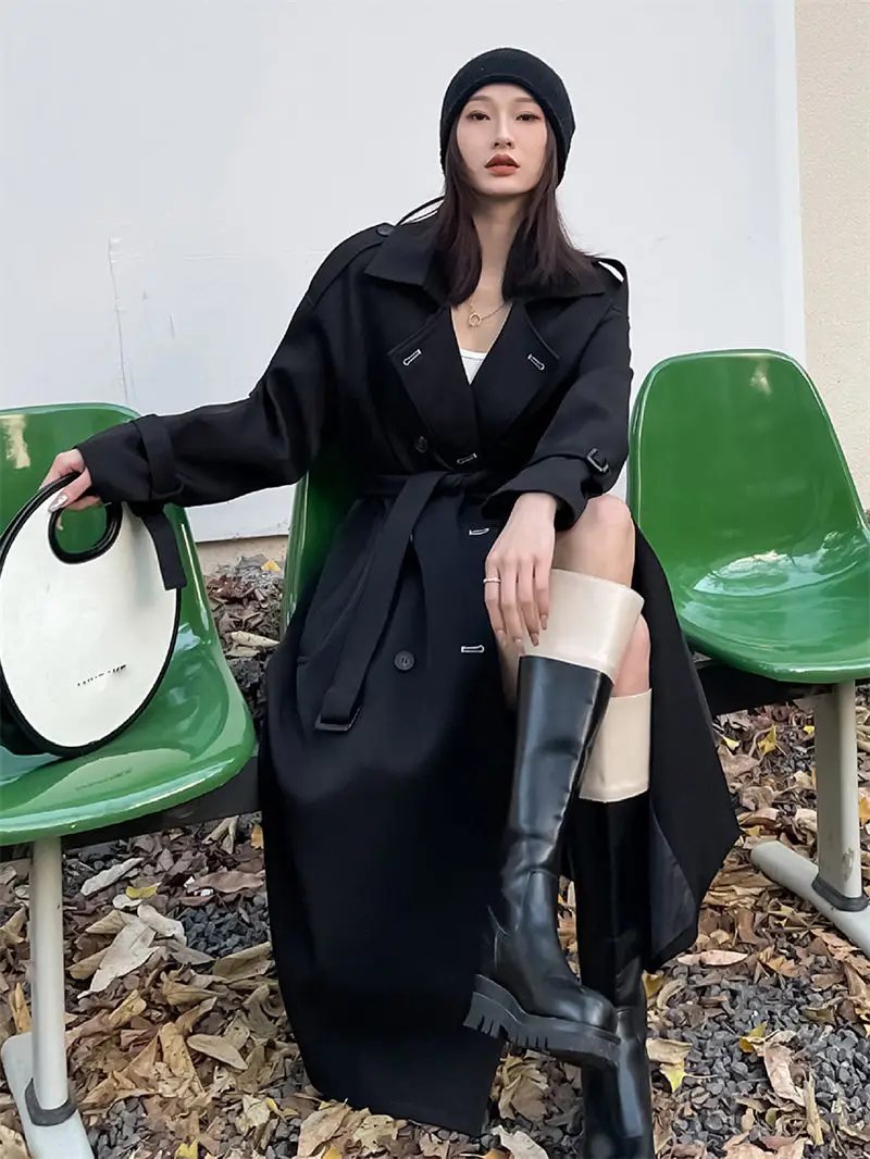 

High-Quality Black Trench Coat For Women Spring Autumn 2023 New Medium Length Popular British Style Windbreaker Outerwear Z1027