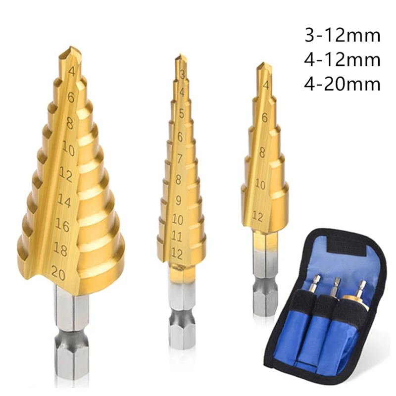 Step Drill Bit HSS Straight Groove Titanium Coated Wood Metal Hole Cutter Core Drilling Tools Set 3-12mm 4-12mm 4-20mm 4-32mm