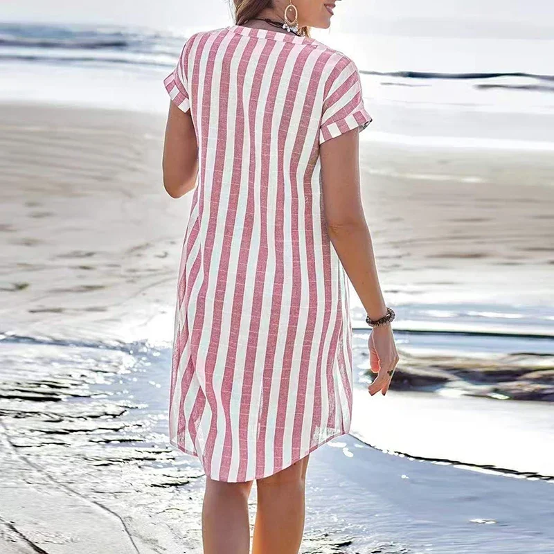 ファッション半袖ターンダウンカラーシャツワンピース レディース Vネック ストライプ柄 プリント パーティー ドレス カジュアル ショート丈ワンピース ボヘミアン