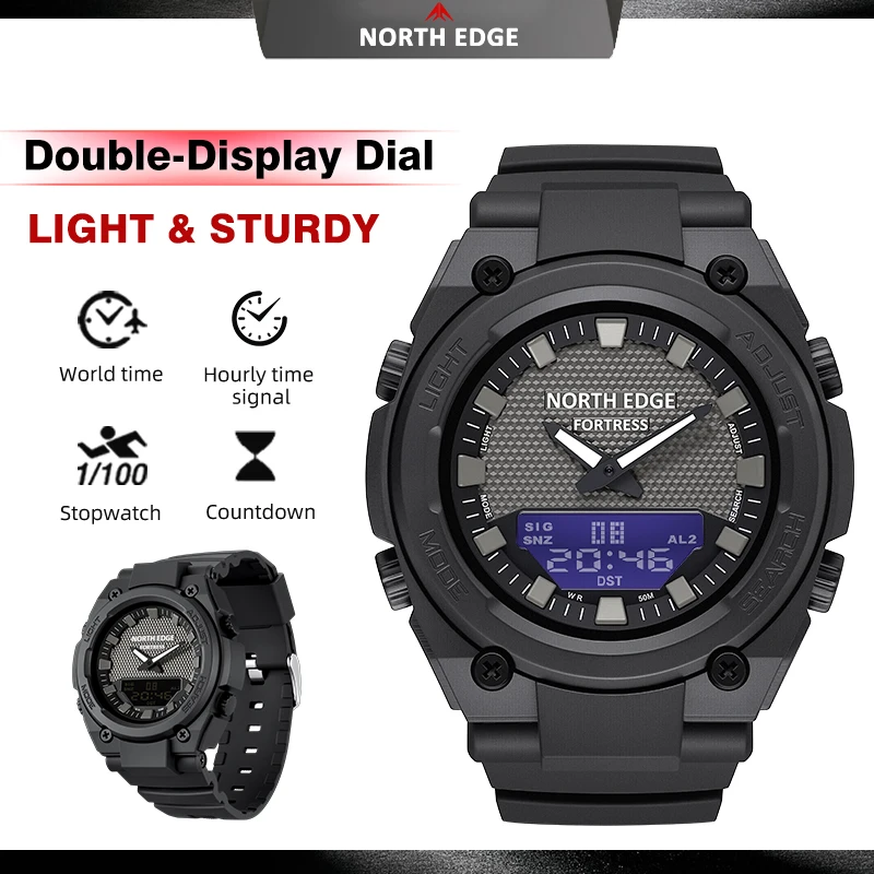 NORTH EDGE FORTRESS Men's Military Digital Watch Stopwatch Waterproof 50M Sports Watches World Time LED Wristwatch reloj hombre