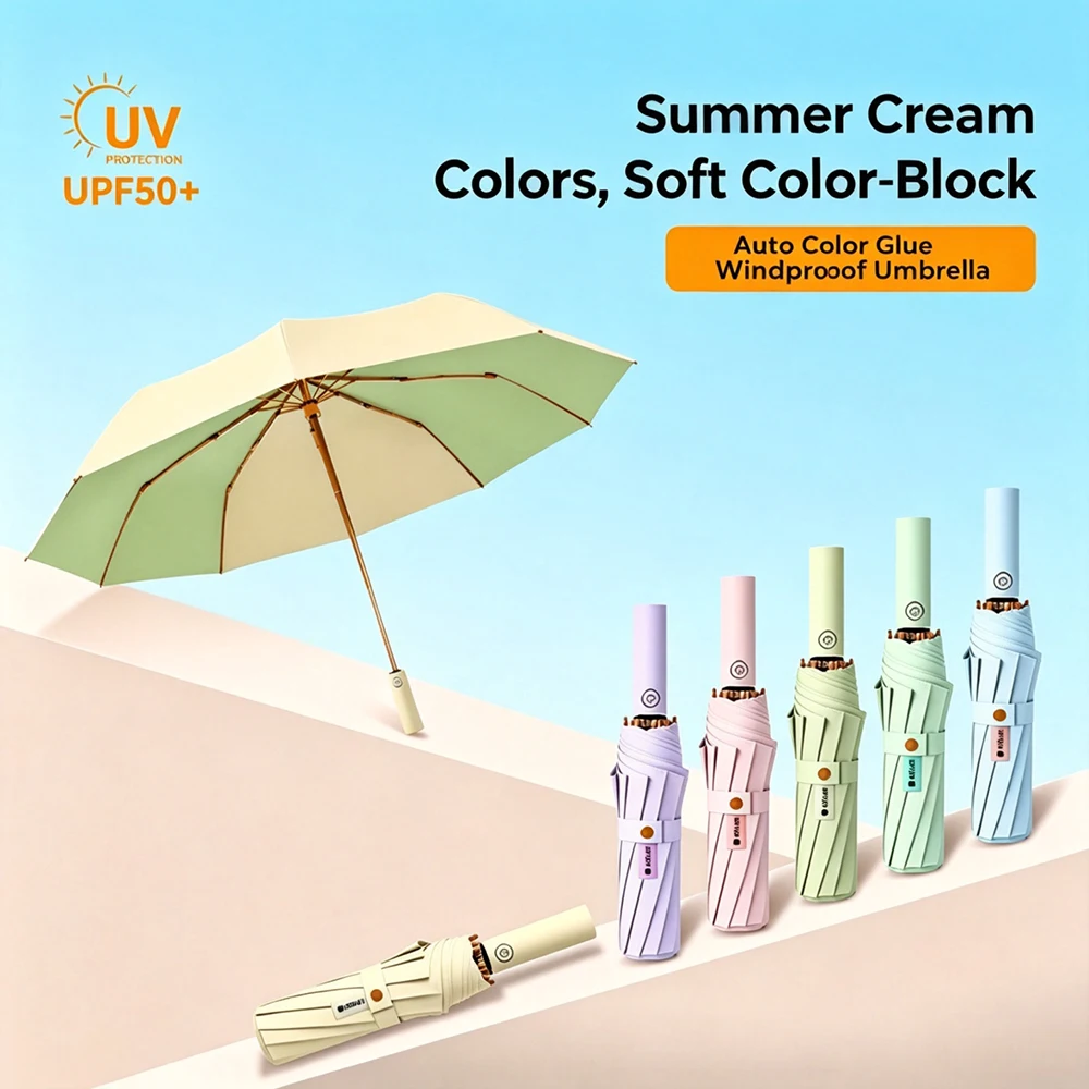 Automatic Folding Umbrella Windproof UV Protection UPF50+ Sun Rain Parasol Compact Travel Portable Travel color glue Parasol