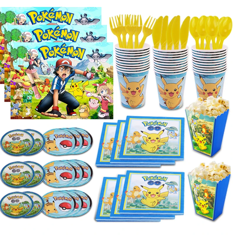 Cartoon Pikachu Pokemon Birthday party Disposable Decorations Party Tableware Set Paper Cups Plates Forks Kids Party Supplies