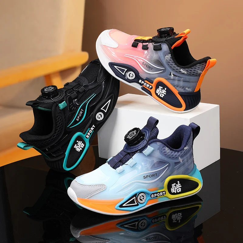 Kids Basketball Shoes Boys & Girls Sneakers Rotary Buckle Non-Slip Cushion Soles Breathable Colorful Casual Outdoor Sports Shoes