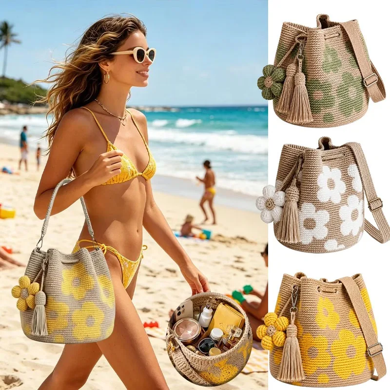 1-2PCS Flower Shoulder Bag Handmade Floral Tote Boho Granny Square Purse with Colorful Flower Motif Beach Vacation Travel