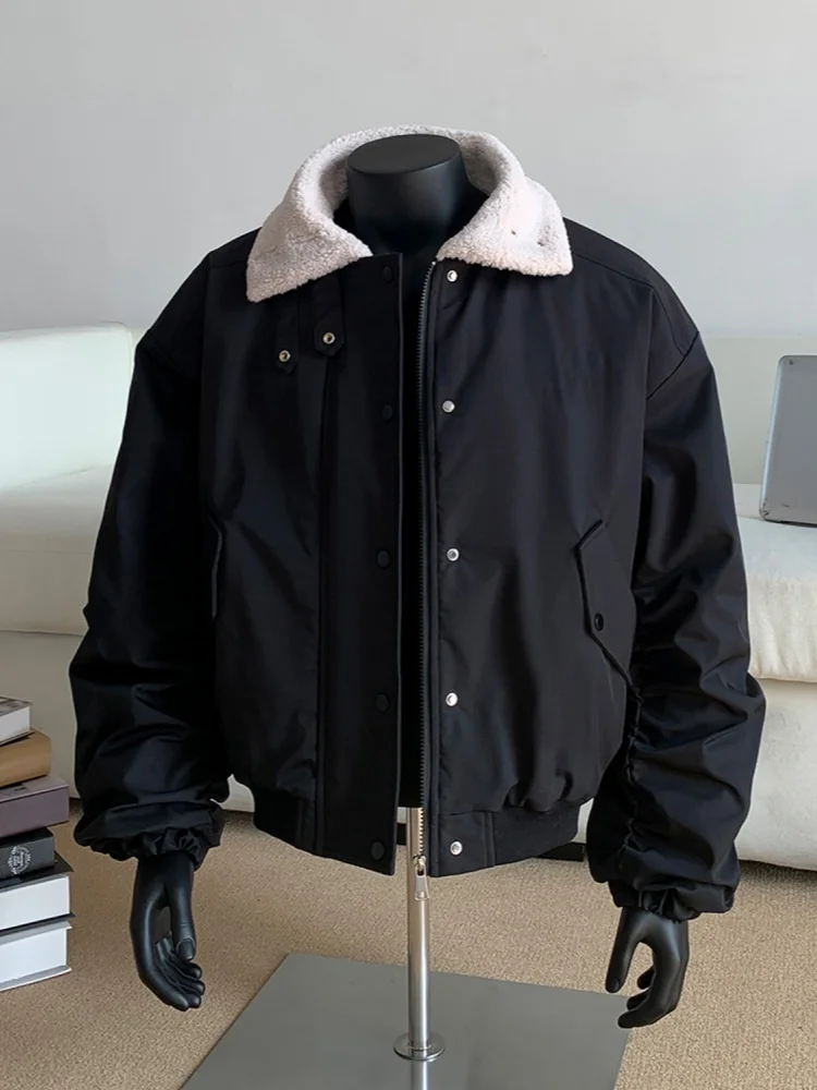 

American Retro Lamb Fur Collar Cotton Jaet Men Winter Thi Warm Flight Jaet Trendy Loose Cotton Coat Youth Casual Wear
