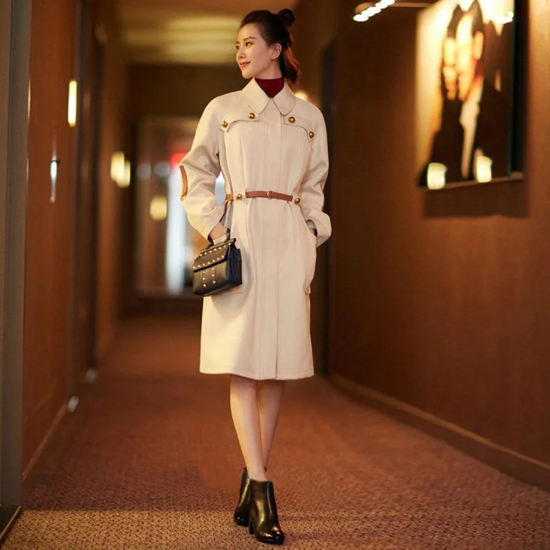 2025 Autumn New Apricot English Style Loose Temperament Mid Length Windbreaker Women's Coat Belt Trench Coat