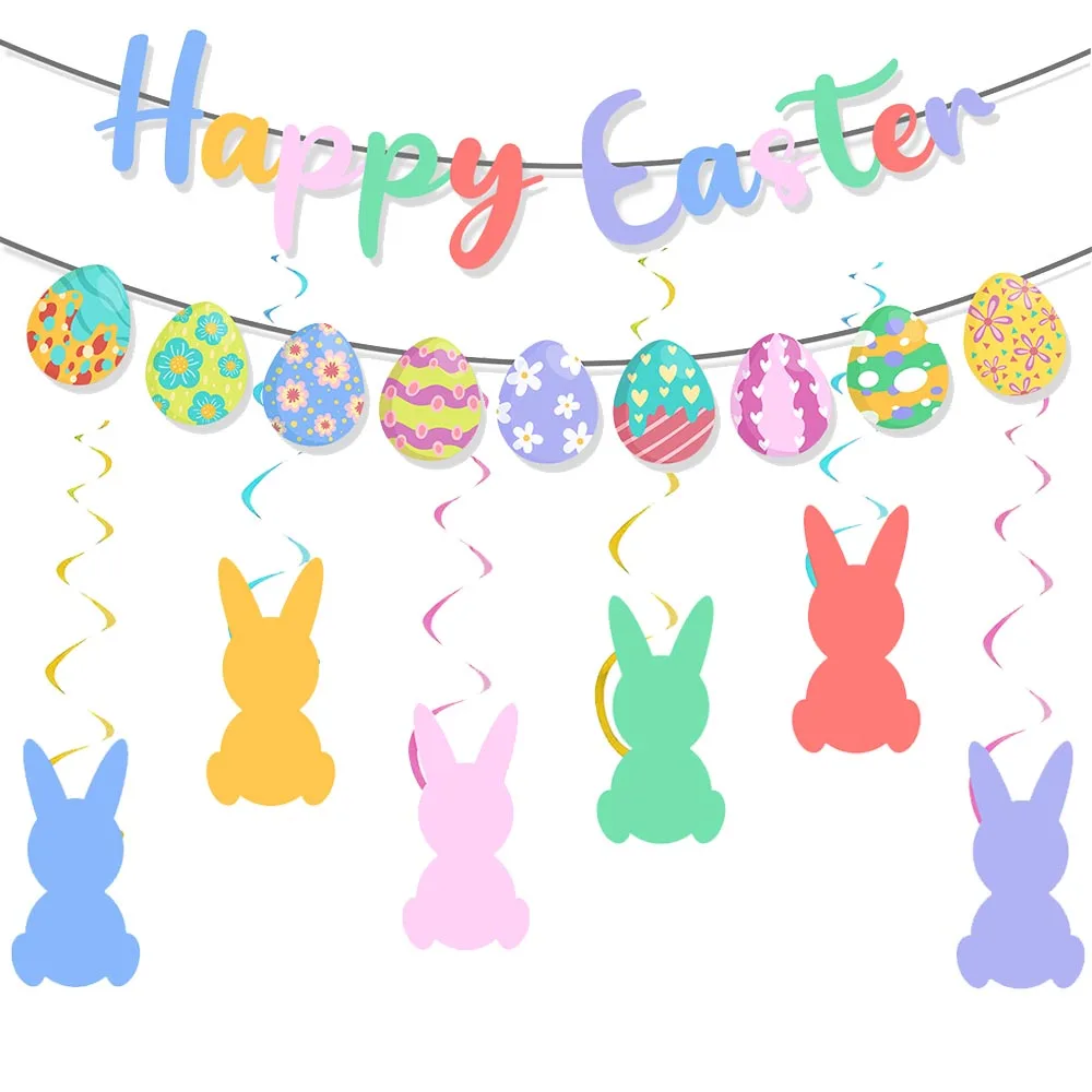 Easter Banner Easter Sign Garlands Rabbit Swirl Hanging Decoration Easter Egg Carrot Bunny Banner Happy Easter Party Decorations