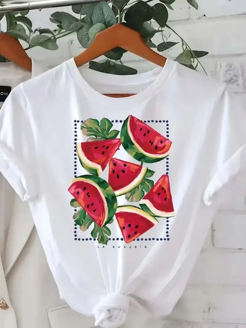 Women's Casual Short Sleeve T-Shirt with Watermelon Print,Summer Graphic Tee, Round Neck Top, Comfort Fit for Casual Attire