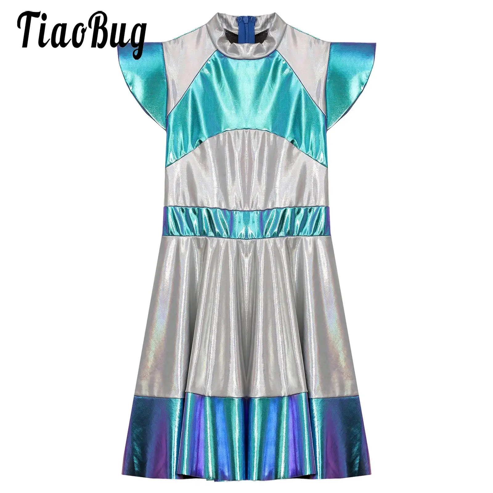 Kids Girls Sliver Shiny Alien Outer Space Dress Halloween Cutie Costume Cap Sleeve Metallic Color Block Dance Tutu Leotard Dress