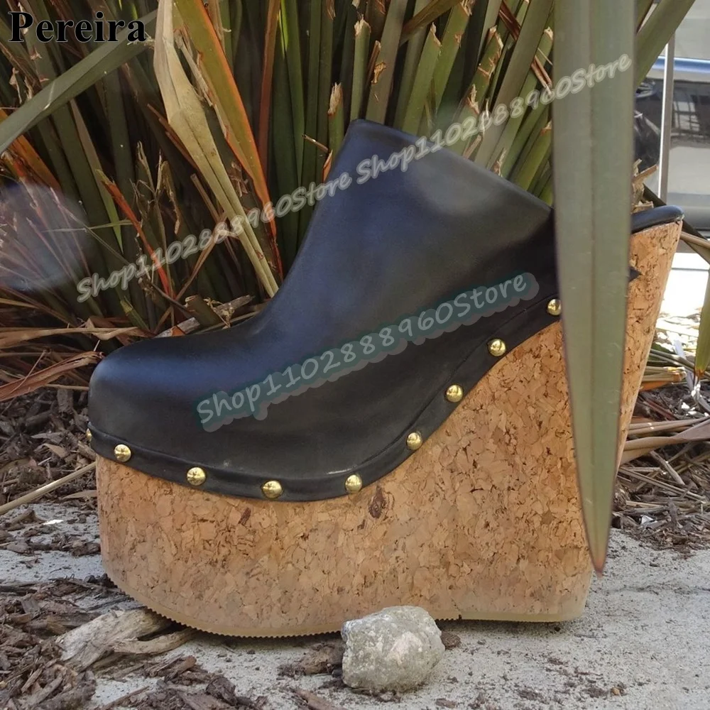 

Black Matte Leather Wood Print Platform Slippers Wedges High Heel Shoes For Women Slip On Round Toe Casual Stylish Slippers