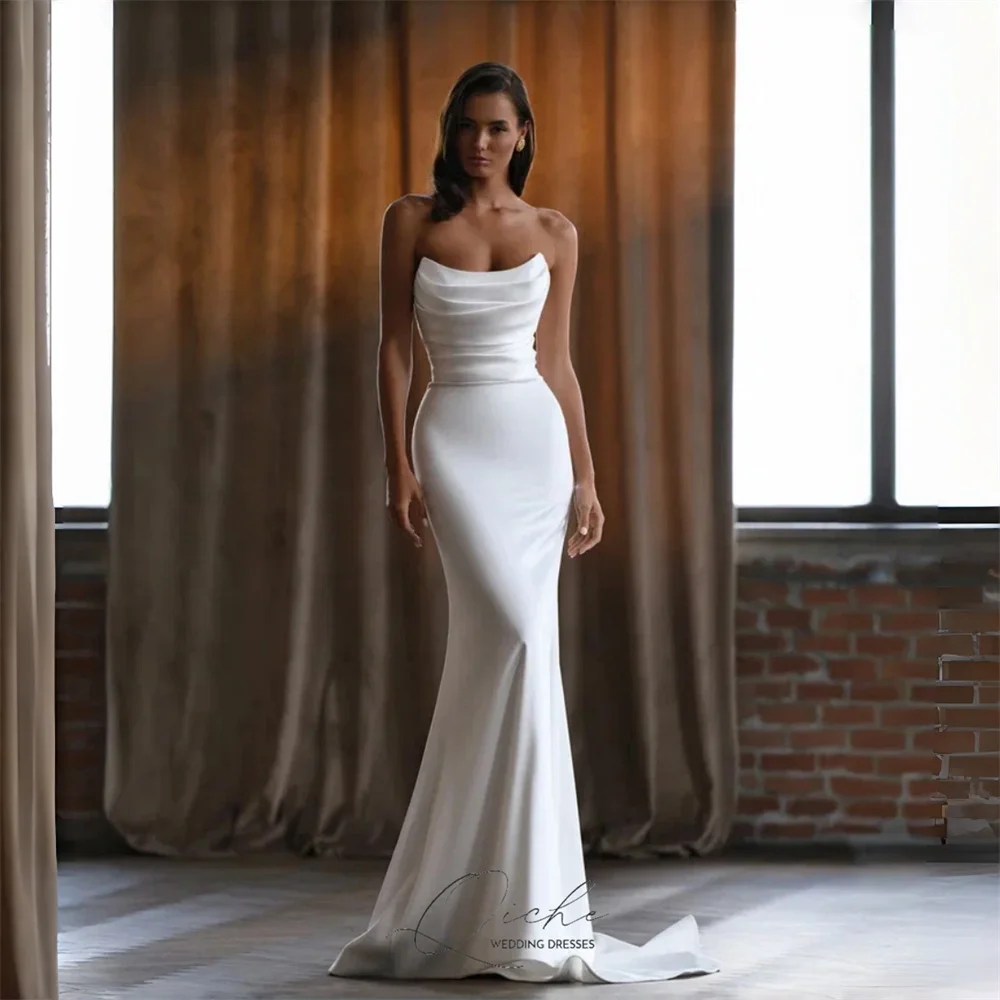 

QICHE Classic Satin Mermaid Wedding Dress Boat-Neck Sleeveless Lace-up Pleat Open Back Bridal Gown Vestidos De Novia Customized