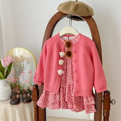 Girls flower dress set childrens spring and autumn new dress babys knitted cardigan two-piece set Girls Fashion Cotton Sets