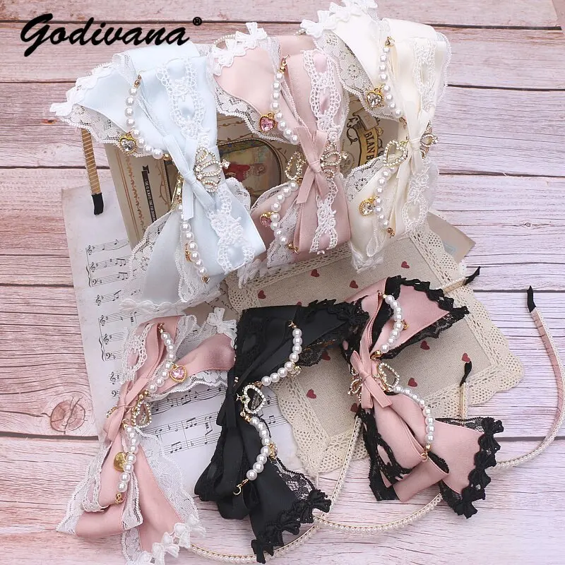 Japanese Style Mass-produced Big Bow Headwear Sweet Girl Women's Lace Crown Rhinestone Beads Hair Hoops Headwear