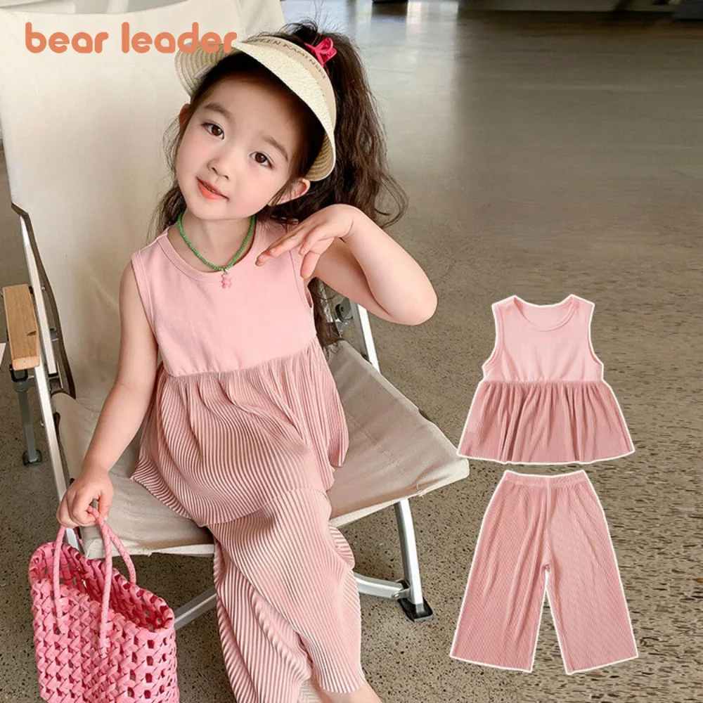

Bear Leader 2025 Summer New Pink Girls Suit Solid Color Children's Clothing Sleeveless Tank Top+Wide Leg Pants Two Piece Sets