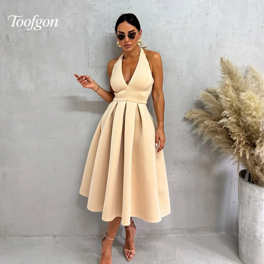 

Toofgon Sexy V Neck A Line Evening Dresses Tea Length Draped Prom Gown Thick Matte Satin Customized Formal Party Birthday Dress