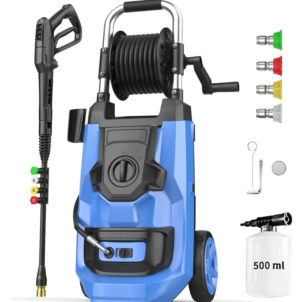 

Electric Prure Washer 5000 PSI Adjustable Prure, Power Washer Electric Powered with 33t Prure Hose, 4 Nozzles and 500ml oam Cann