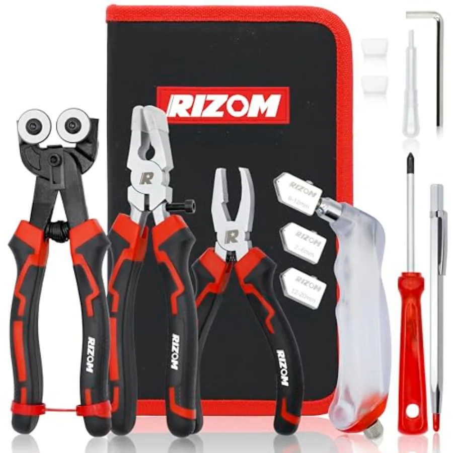 

Rizom Glass Cutting Tool, Glass Cutter 2-20MM, 8" Tile Nippers, 8" Glass Running Pliers with Curved Jaws, 6" Breaker Grozer Pli