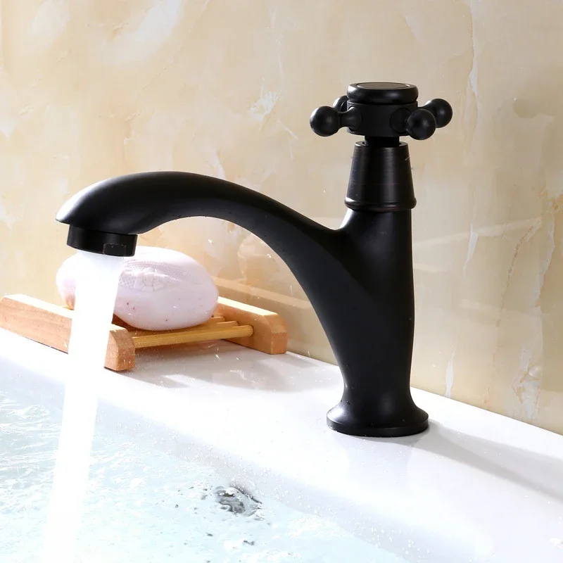 Solid Brass Black Faucet Antique Style Single Cold Bathroom Basin Faucet European Balcony Only Cold Water Taps