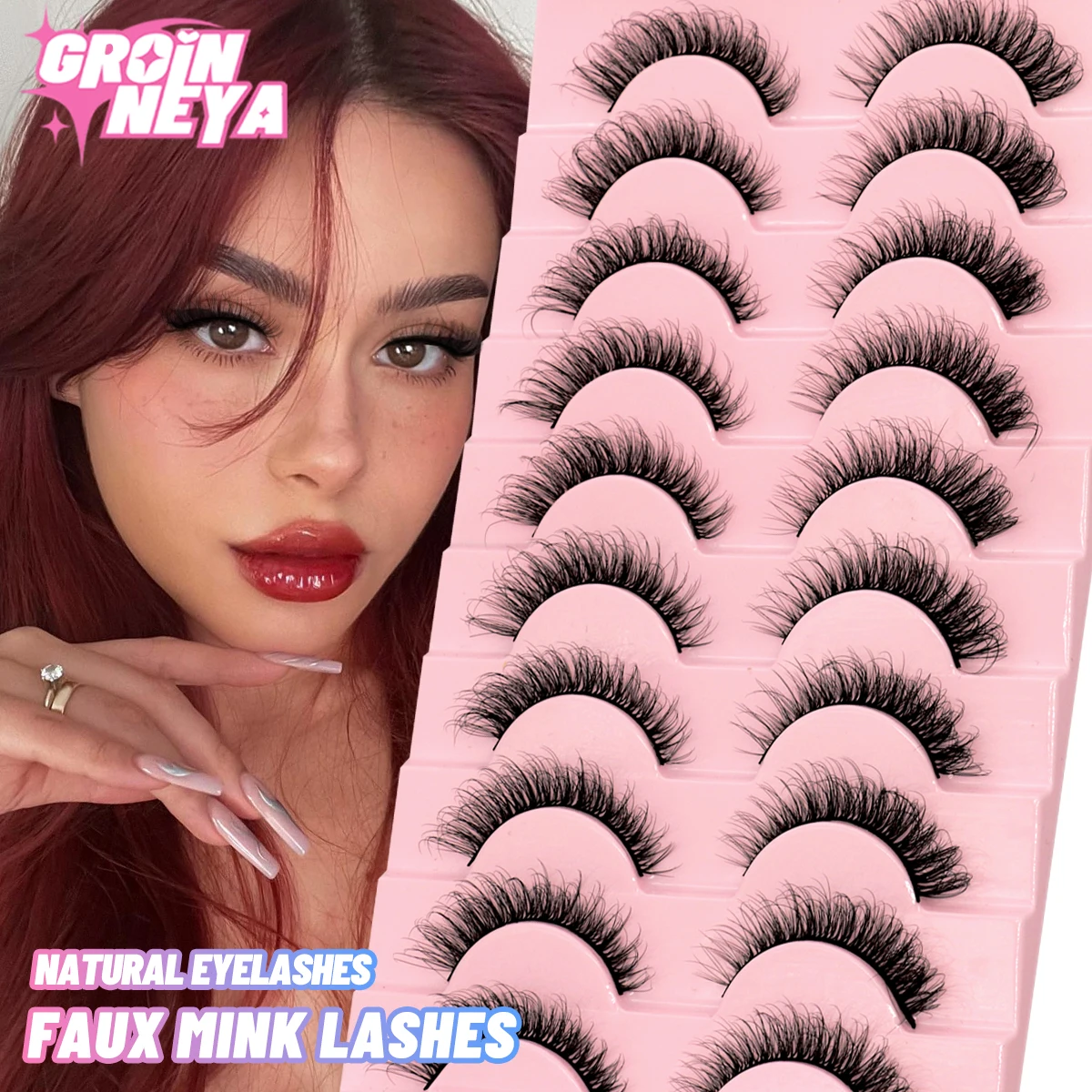 GROINNEYA Natural Long 10 Pairs 3D Mink False Eyelashes Fake Lashes Makeup Kit Mink Lashes Cat Eye Lashes Short Eyelashes