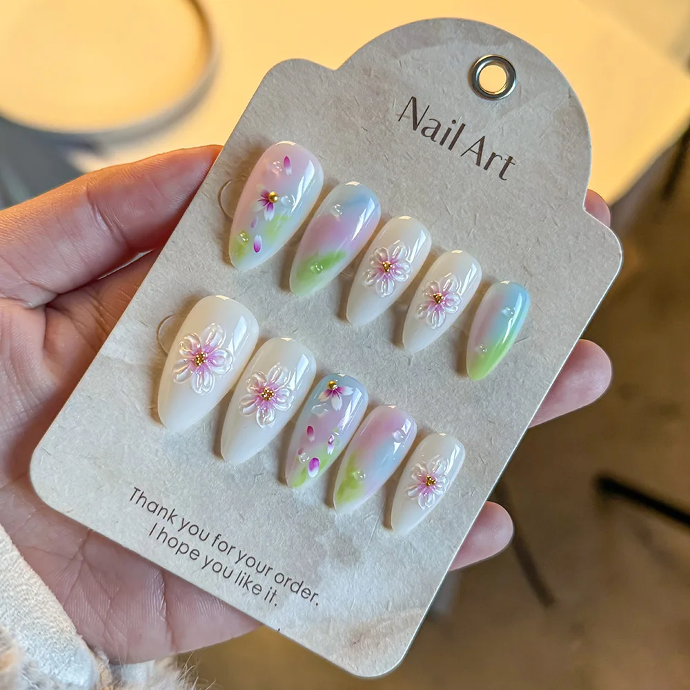 

24PCS Pastel Gradient Press on Nails Almond Fake Nail with 3D Flower Rhinestone Sweet Fresh Cute Nail Art for Women Spring Daily