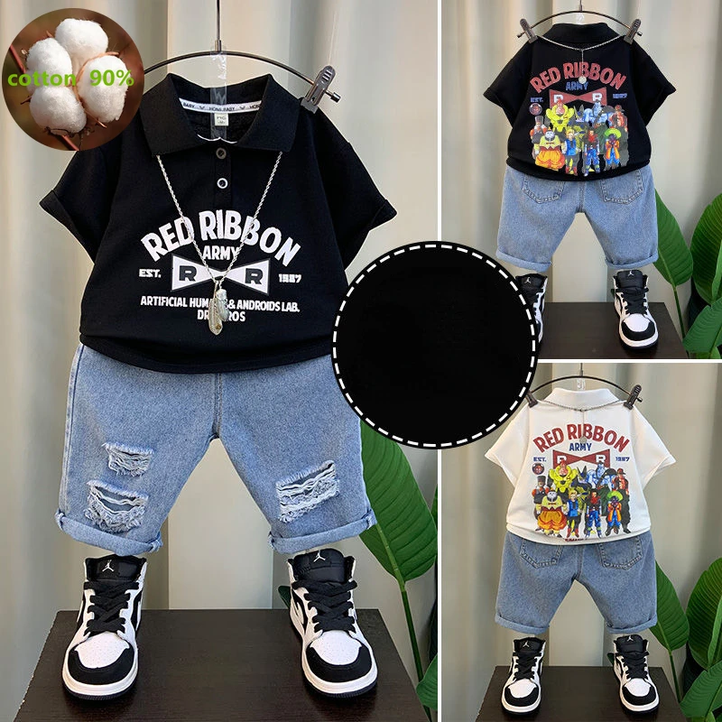 Korean Summer Kids Clothes Boys Shorts Set Cartoon Short Sleeve T-shirts + Denim Jeans 2pcs Suits for Boys Clothes 2-12 Y