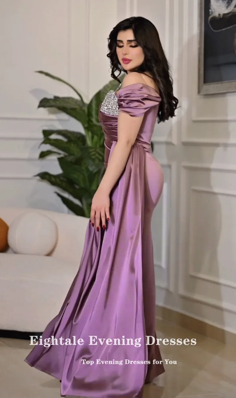 Eightale Arabic Evening dresses Beaded Off the Shoulder Floor Length Satin Purple Mermaid Prom Party Gown Robe De Soirée