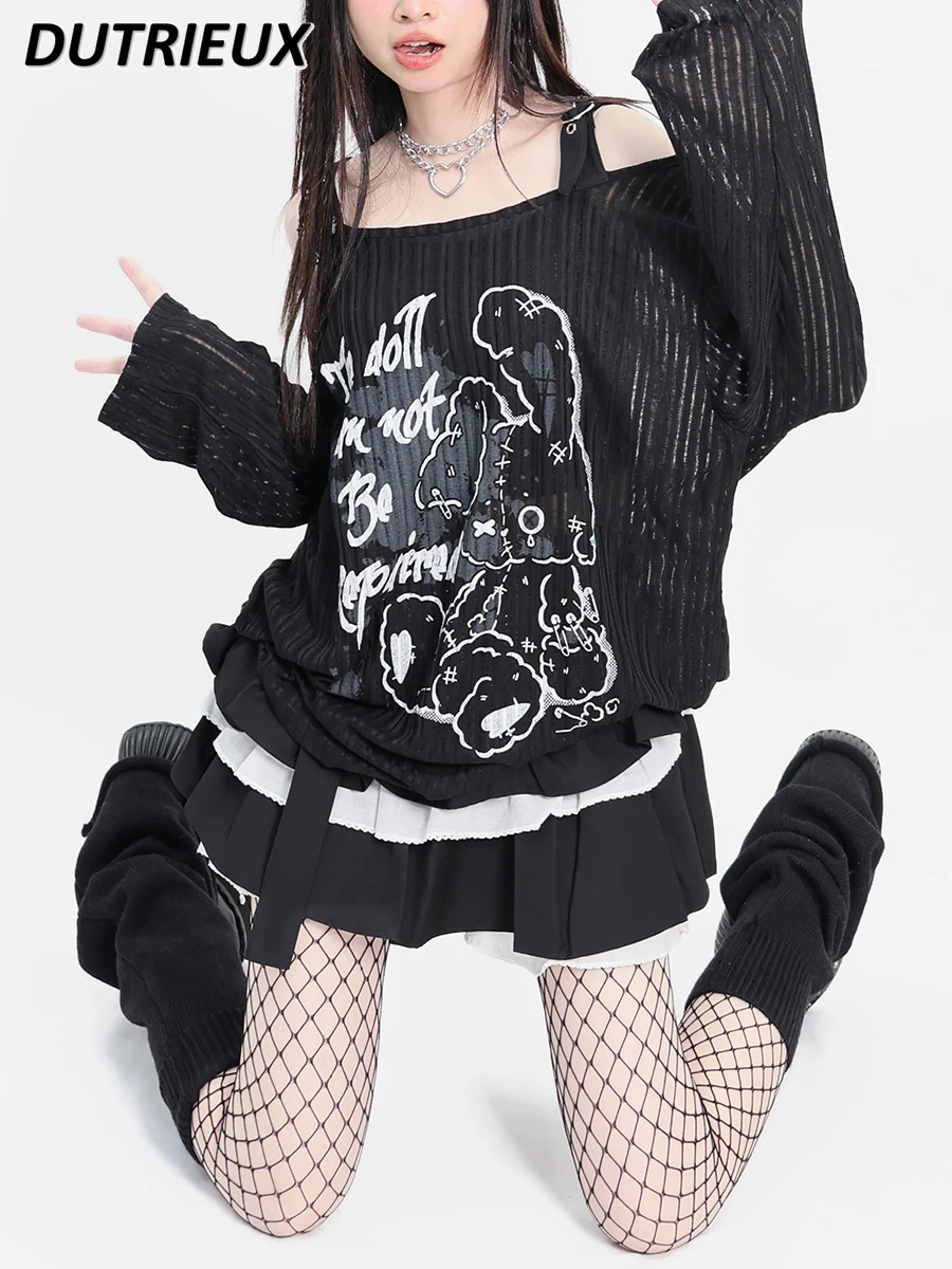 Spring and Autumn New Black Sweet Loose Long Sleeve T-shirt Ripped Cartoon Printed All-Matching Off-Shoulder Tops T Shirt