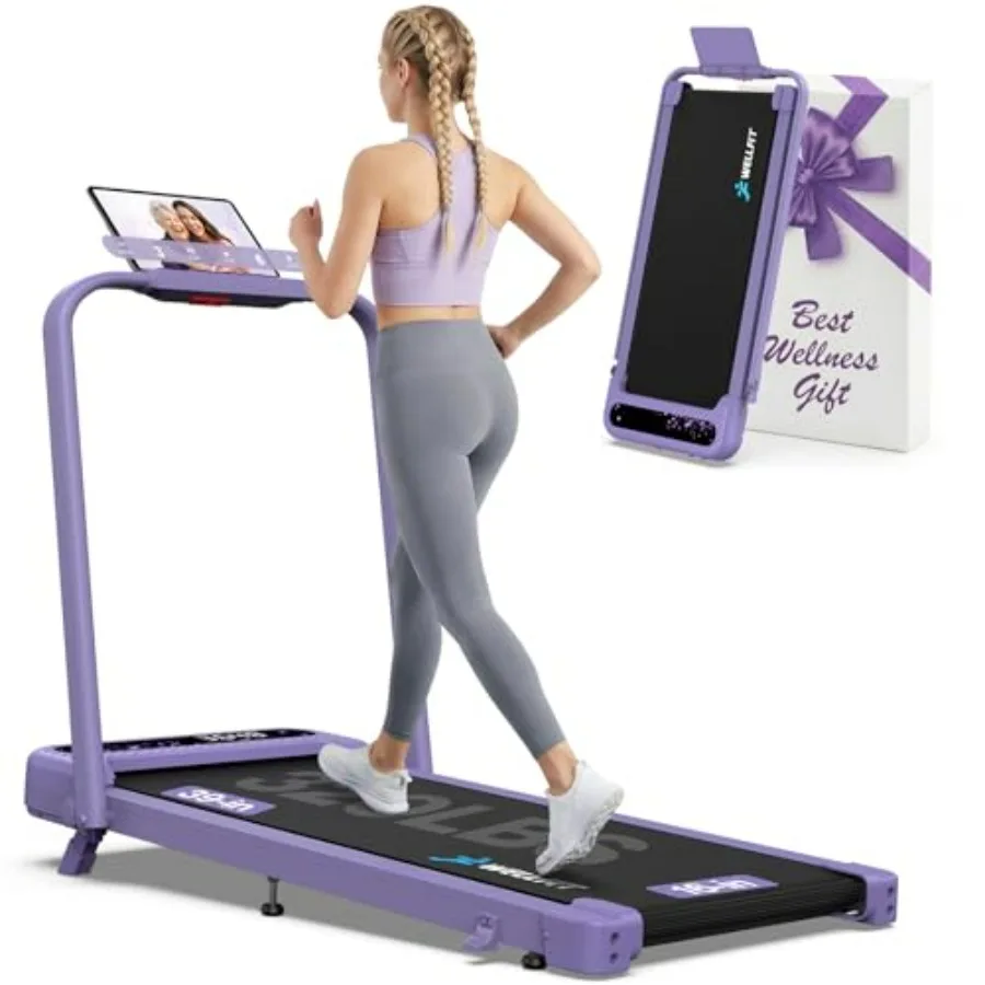 

Компактная складная беговая дорожка с ручкой для дома и офиса, фиолетовая, бесшумная, для ходьбы под столом, до 145 кг, с регулировкой угла наклона, управлением через приложение и голосовым управлением