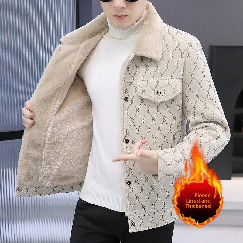 

Faionable Fce Lined Thiened Stand Collar Men's Casual Jaet ort Sli Versatile Winter Outerwear Polyester Fiber