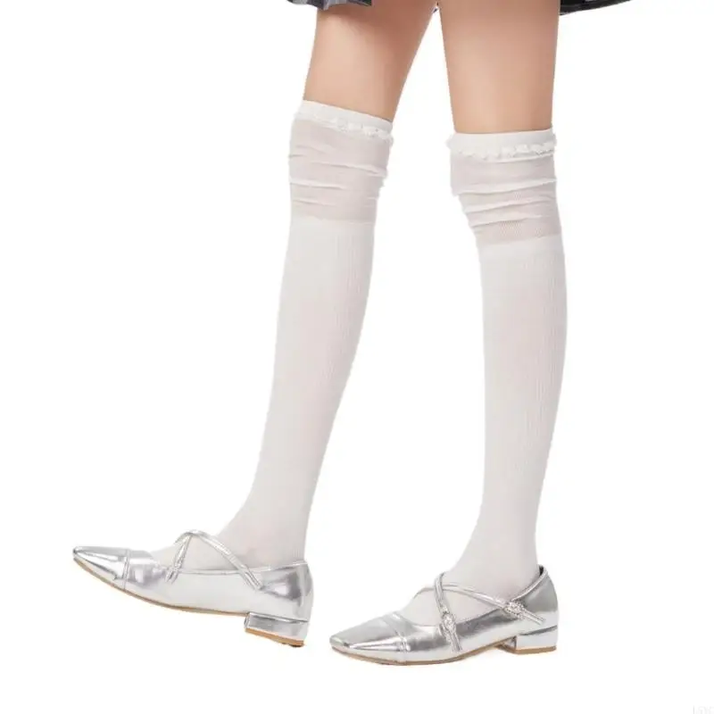 

L5YC Women Japanese Student Solid Color Stretch Over Knee Long Socks Elegant Mesh Splicing Ruffle Frilly Thigh High Stockings