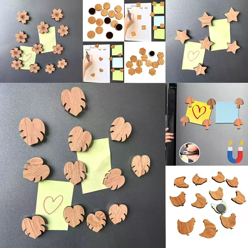 Kitchen 6pcs Wood Blank Fridge Magnets Magnetic Decoration Round/heart/square DIY Crafts Wood Slice Tags Office Decorative