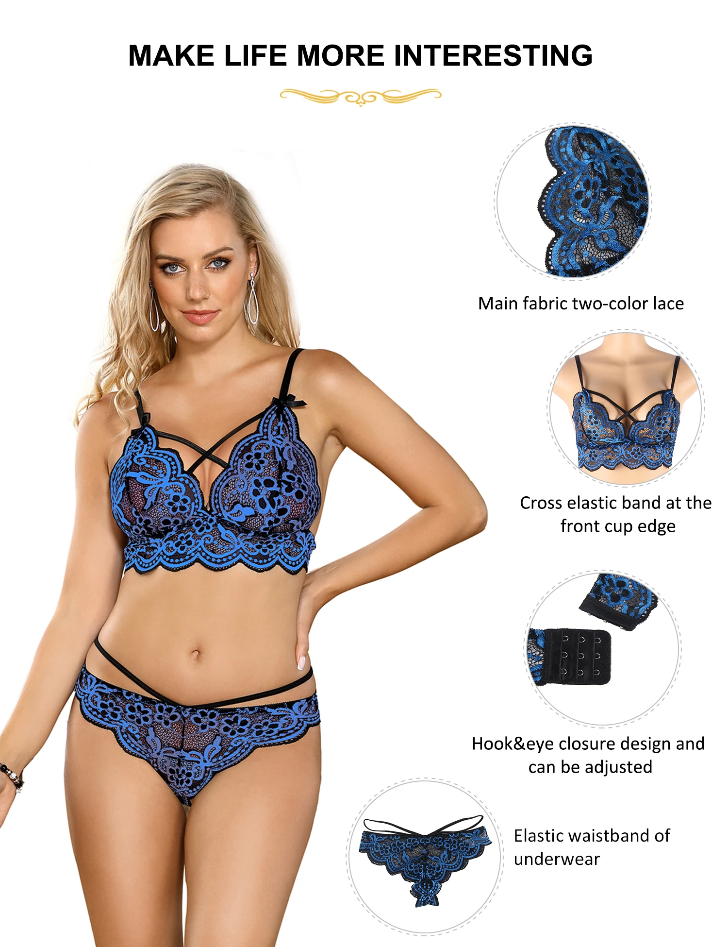 Sexy Lingerie Sets Blue Push Up Curvy Women's Underwear Panties Adjustable Lace Cross Straps Button Lenceria Large Size Bra Sets