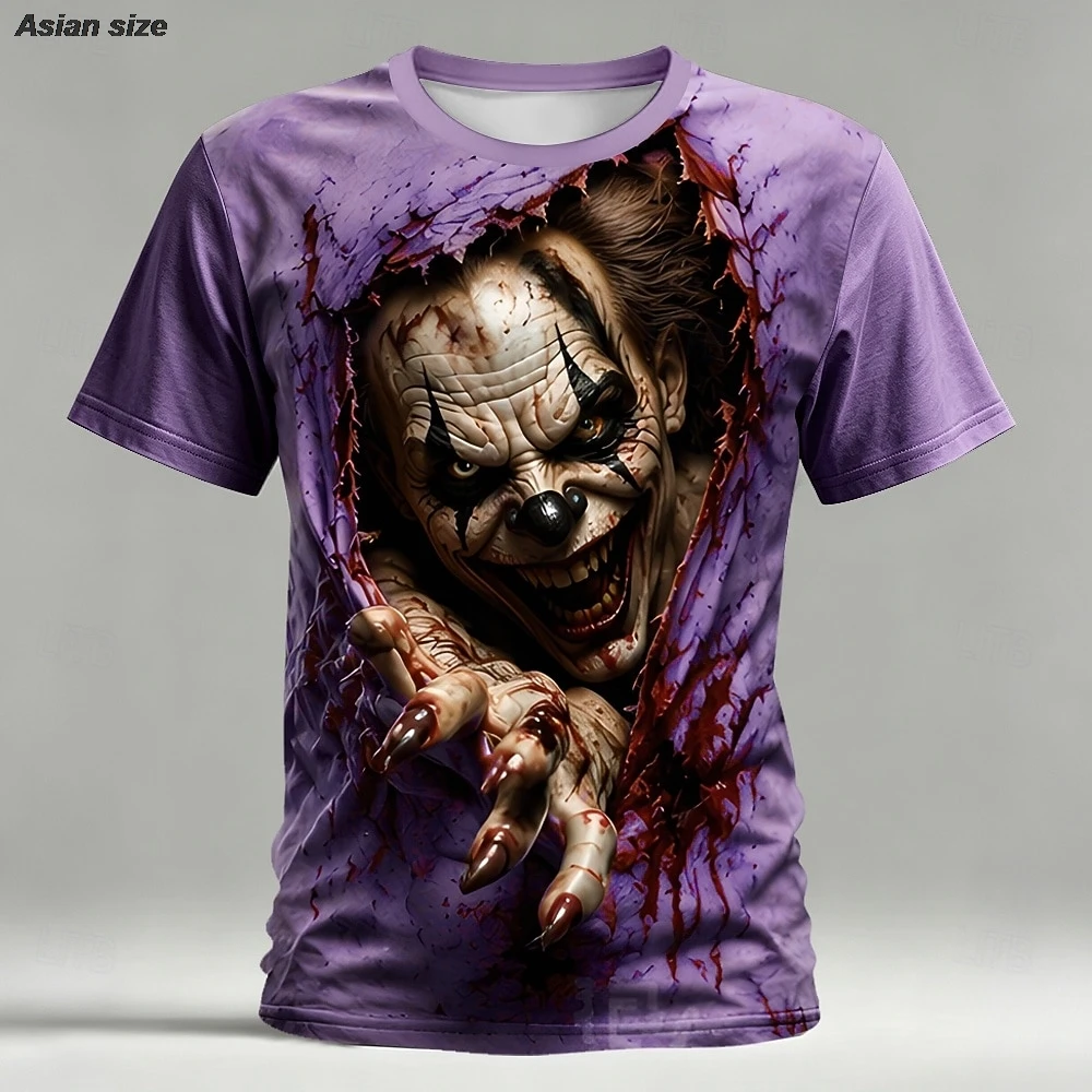 Halloween Men's Optical Illusion Creepy Clown 3D T Shirt Short Sleeve T shirt Crew Neck Shirt  Horror Club Party Streetwear