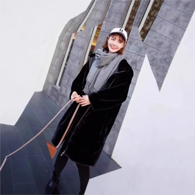 معطف أسود من الفرو الصناعي معطف مختلط وغطاء رأس طويل مخملي #2