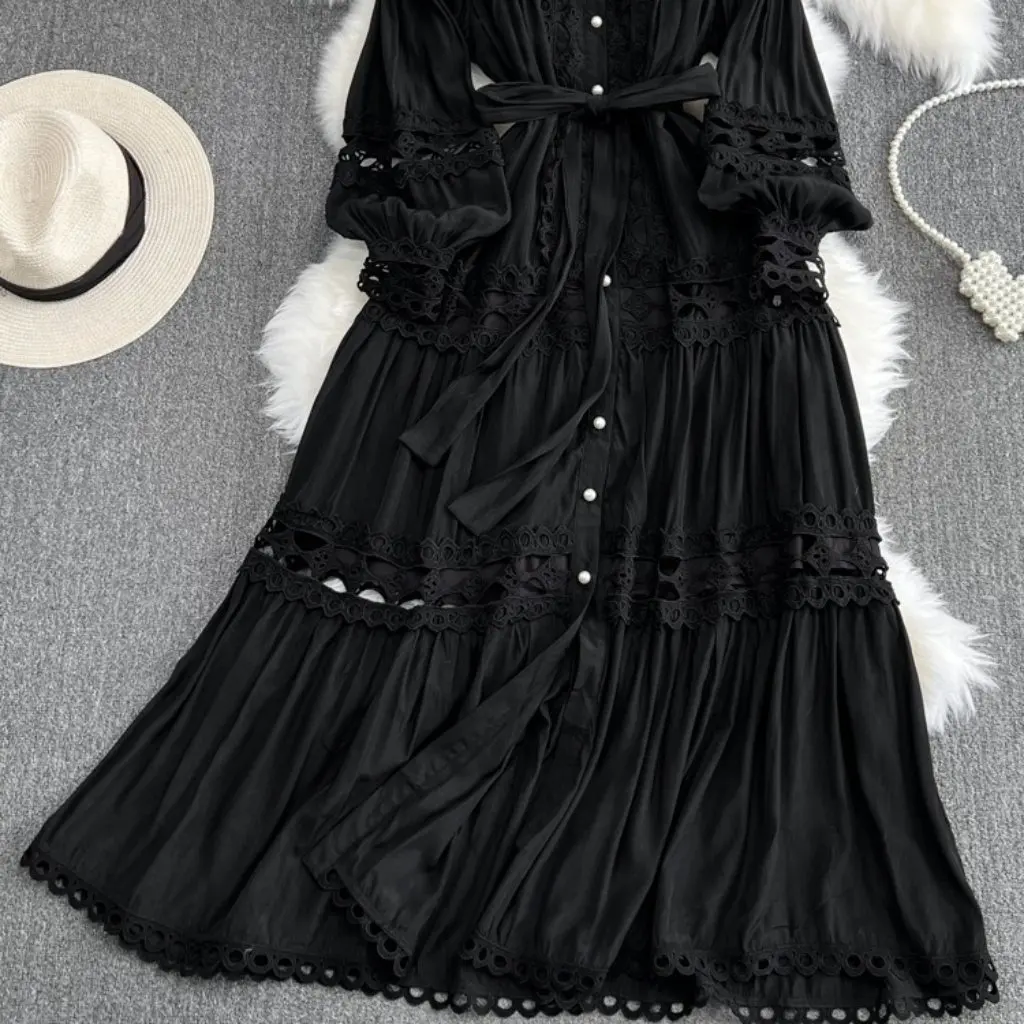 Langes Kleid im Retro-Court-Stil, Laternenärmel, Stehkragen, schmale Taille, A-Linie, elegantes, einreihiges, ausgehöhltes Kleid