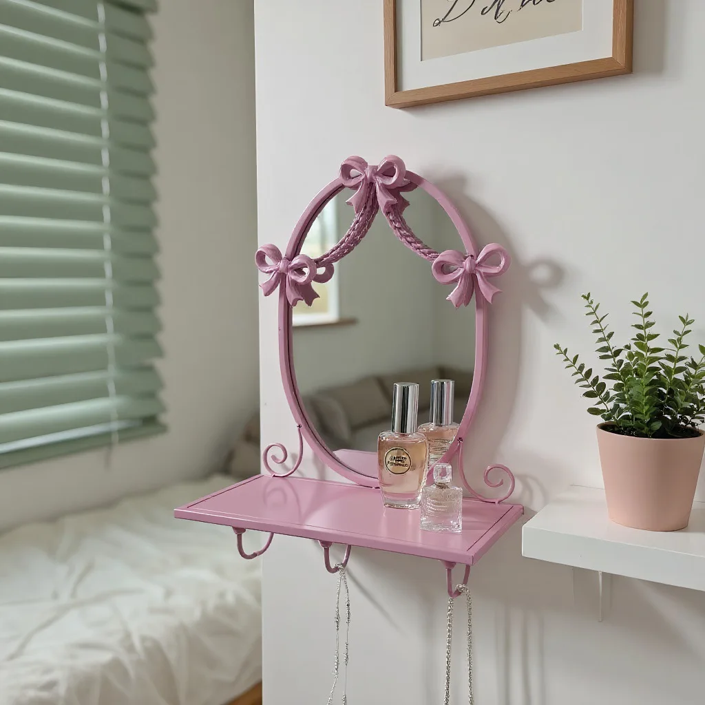 HYS wrought iron wall decoration bow mirror hook rack bathroom mirror wall pendant retro light luxury