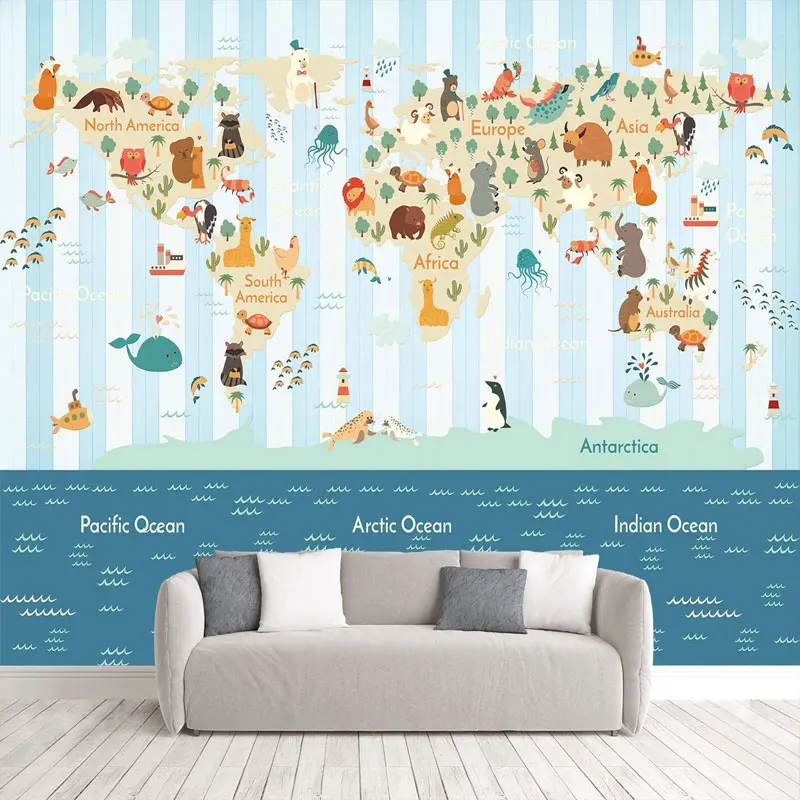 

Children'S Room Wallpaper Custom Cartoon World Map 3D Mural Background Wall Decoration Photo Paintings Fabric Wallcovering Décor