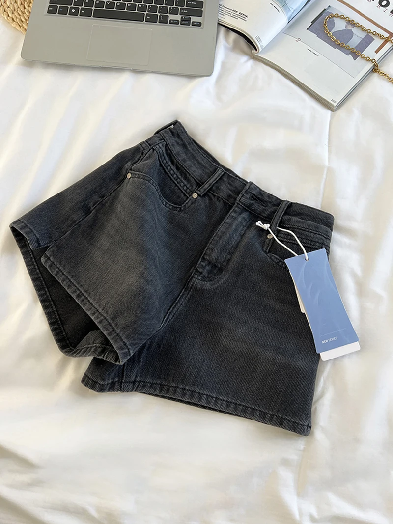 

Black Women's Denim Shorts Thin High Waisted Side Slit A-line Wide Leg Shorts 2024 Summer New Fashionable Versatile Hot Pants