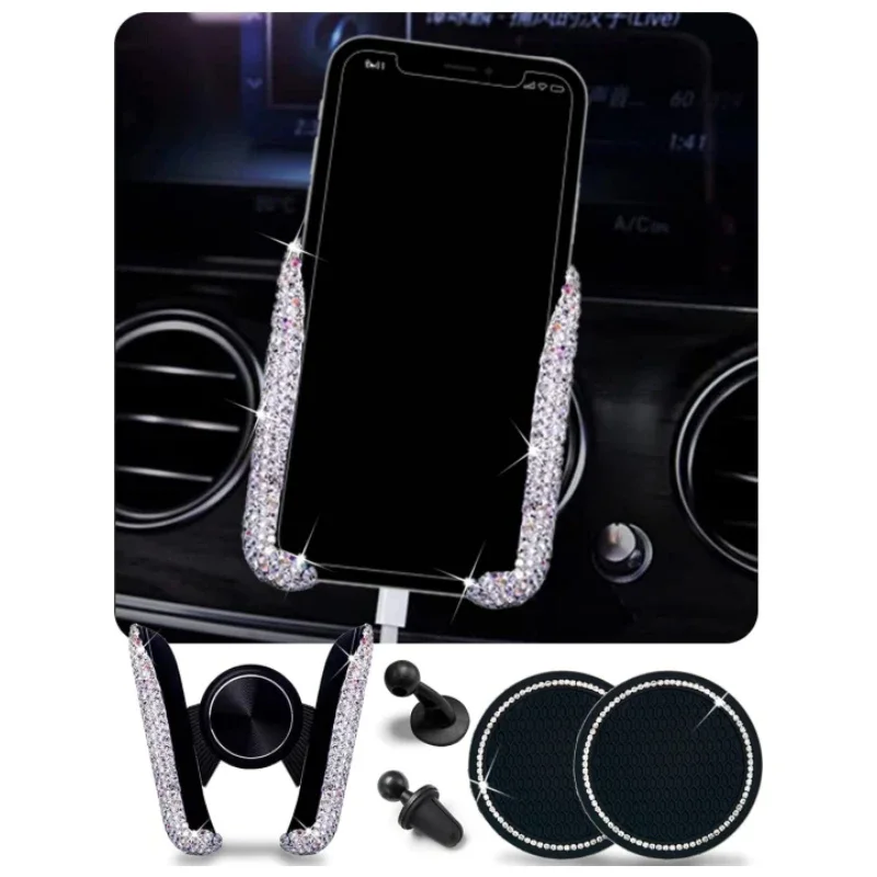 

Car Phone Holder Women Diamond Crystal Car Air Vent Cell Phone Clip Stand Bracket with Bling Cup Mats Car Interior Accessories