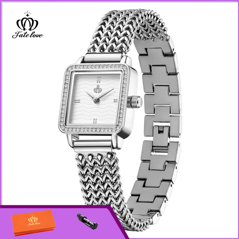 Fatelove 928 New Quartz Watch for Women Square Waterproof Steel Strap Diamond Bezel Fashion Simple Ladies Watches
