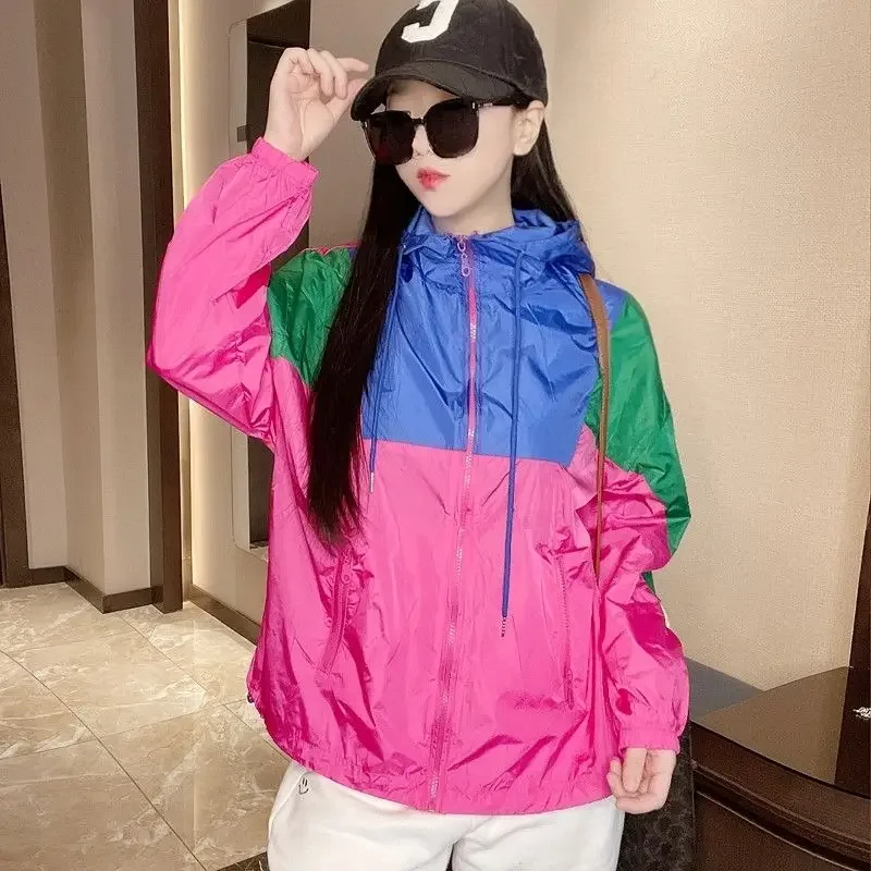 Spring Summer Women Hooded Jacket Long Sleeve Sweatshirt Sunscreen Clothing Patchwork Streetwear Coats Korean Fashion Thin Tops