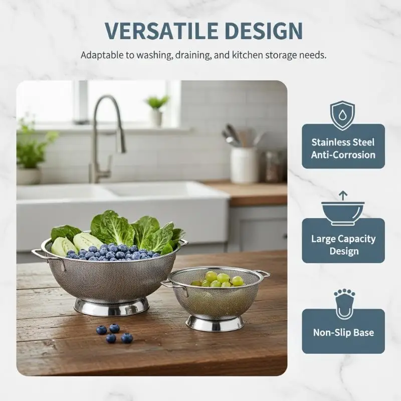 Stainless Steel Colander With Double Handle Food Pasta Strainer Basket With Self-draining Solid Ring Base Fine Mesh Filter view 6